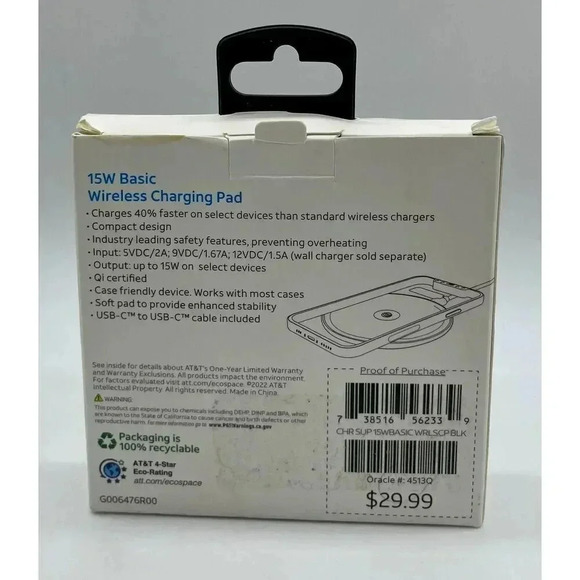 AT&T 15W Fast Charge Wireless Charging Pad Black New - Picture 2 of 9